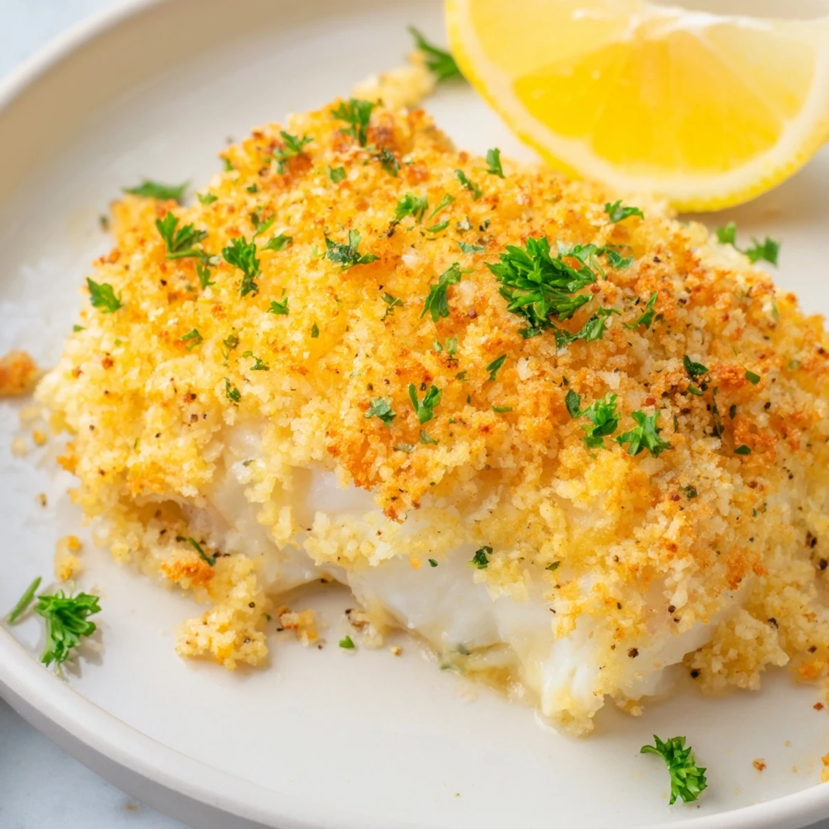 Golden-brown Baked Cod with Crispy Ritz Cracker Topping, ready to serve with lemon wedges.