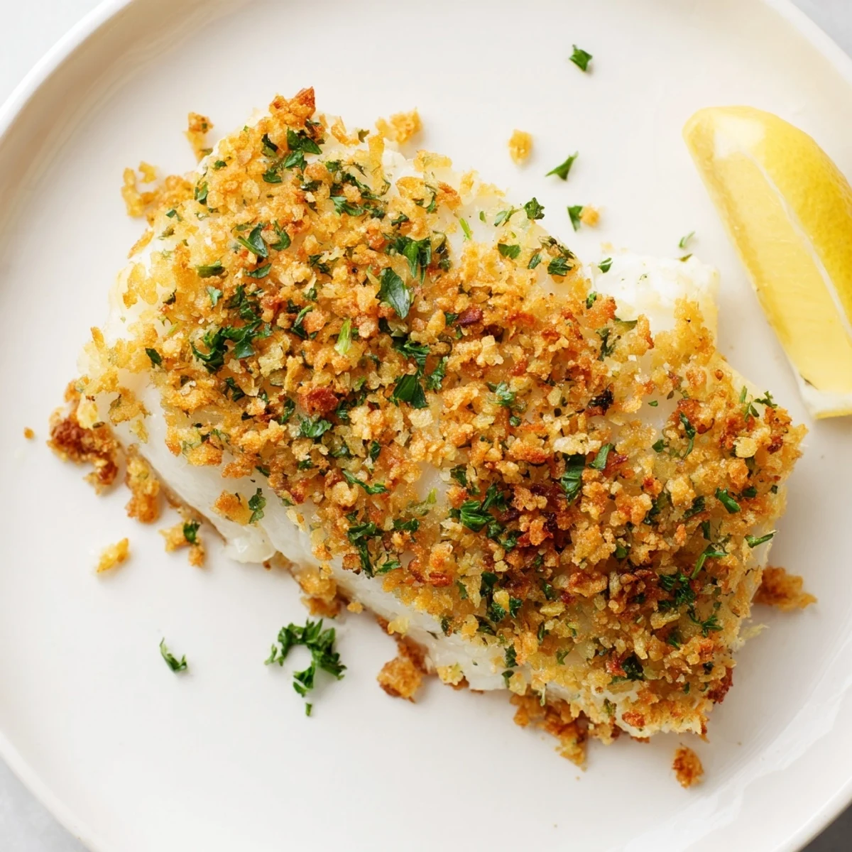 This close-up shows delicious Baked Cod with Crispy Ritz Cracker Topping, a classic American recipe.