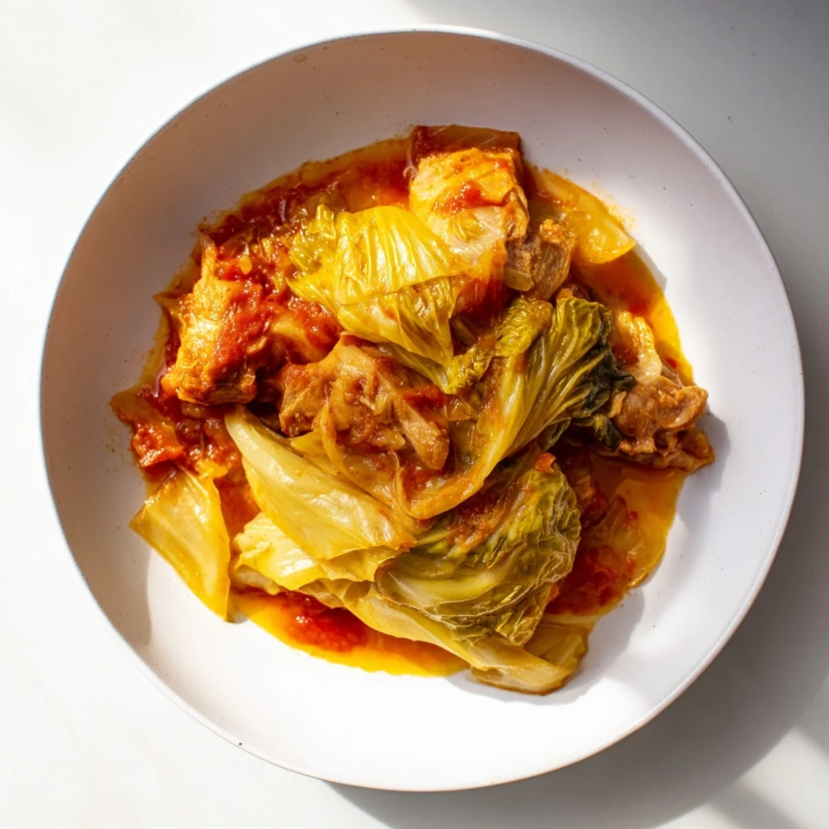 Sweet cabbage and pork stew simmering gently in a large pot, vegetables are visible and tender.