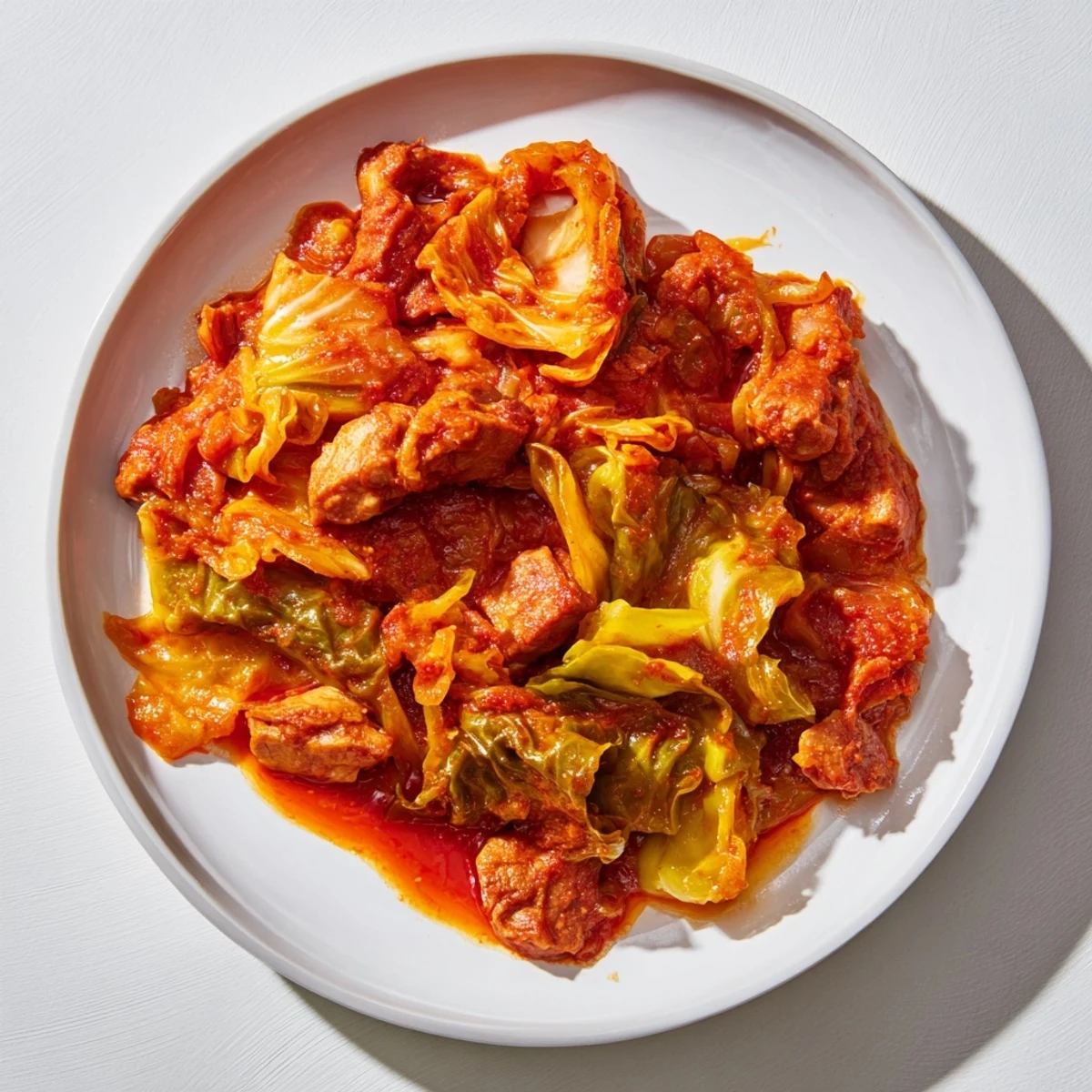 A close-up of a flavorful sweet cabbage and pork stew, showcasing the tender pork chunks.