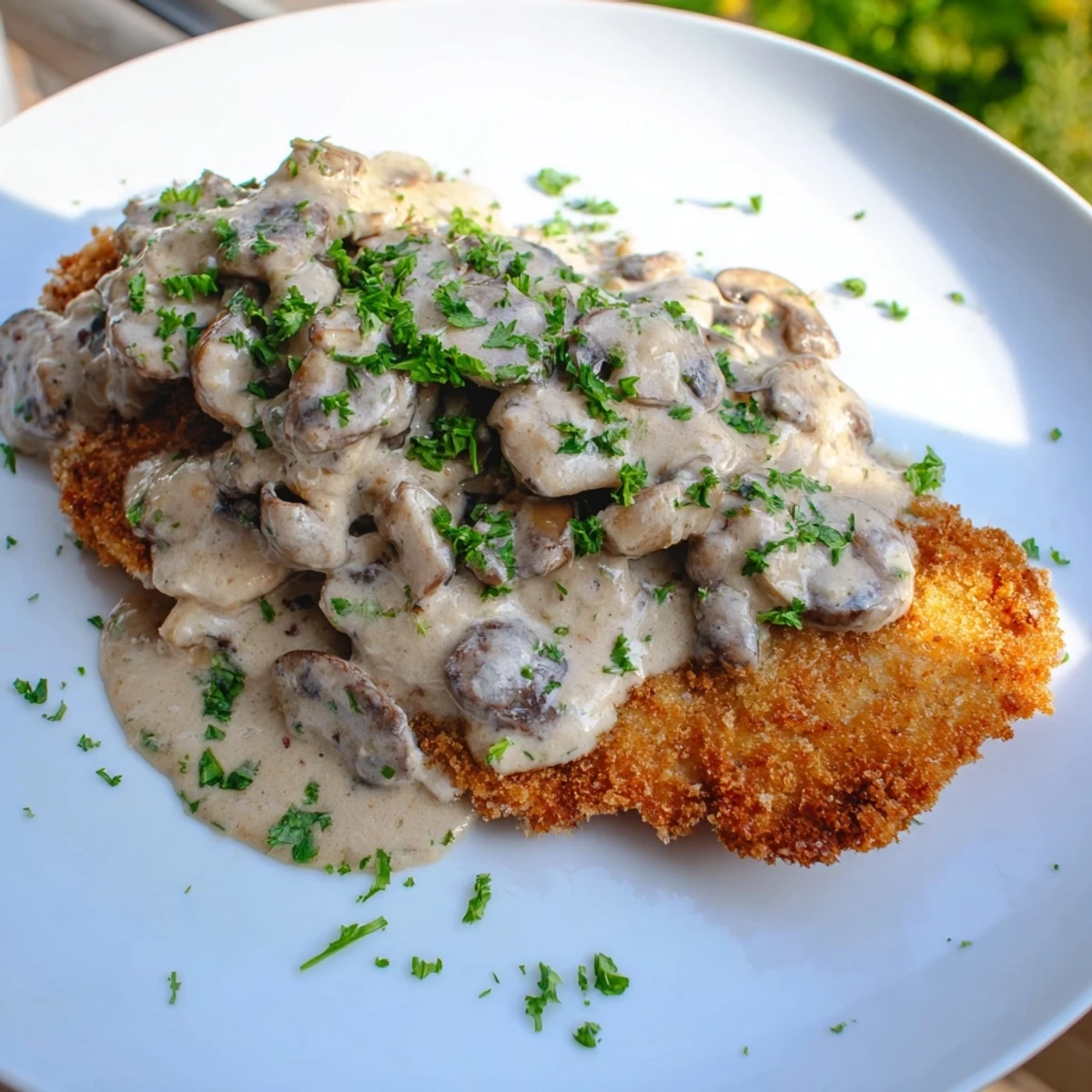 Golden-brown Jaeger Schnitzel with savory mushroom gravy, ready to savor on your plate.