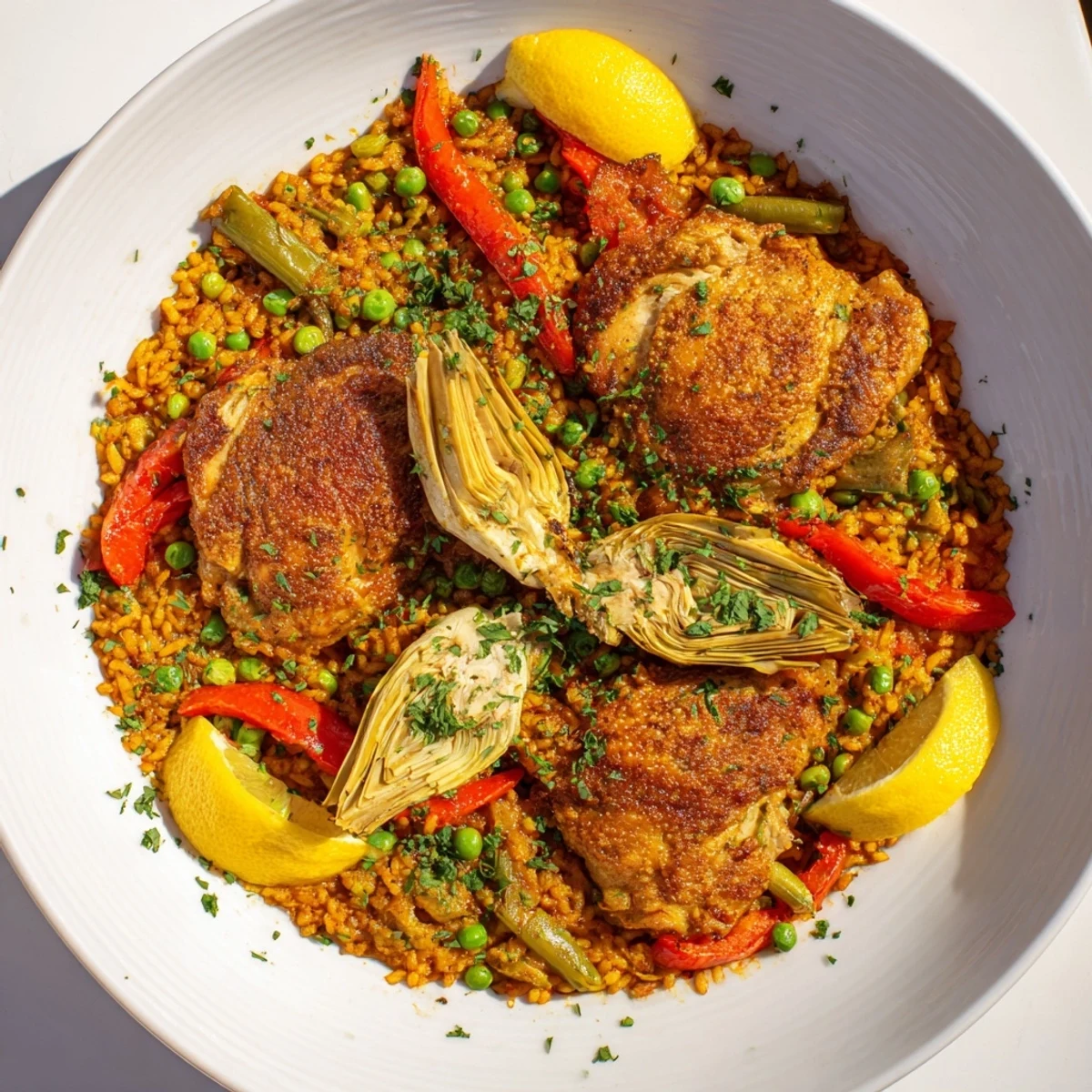 Golden-hued Authentic Paella sizzling in a pan, showcasing chicken and artichokes after cooking.