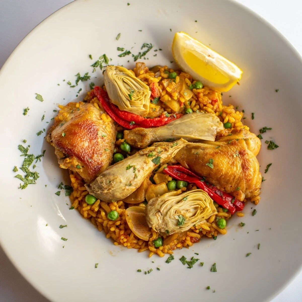 A close-up view of the finished Authentic Paella with chicken, artichokes, and crispy, flavorful rice.
