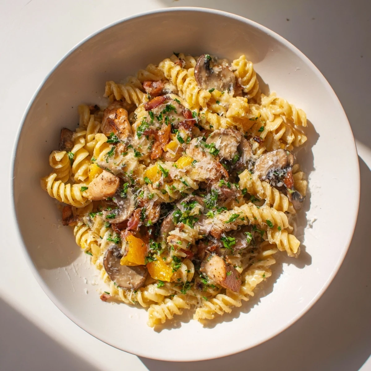 Fusilli with bacon, onions, and mushrooms: a creamy pasta dish ready in 30 minutes.