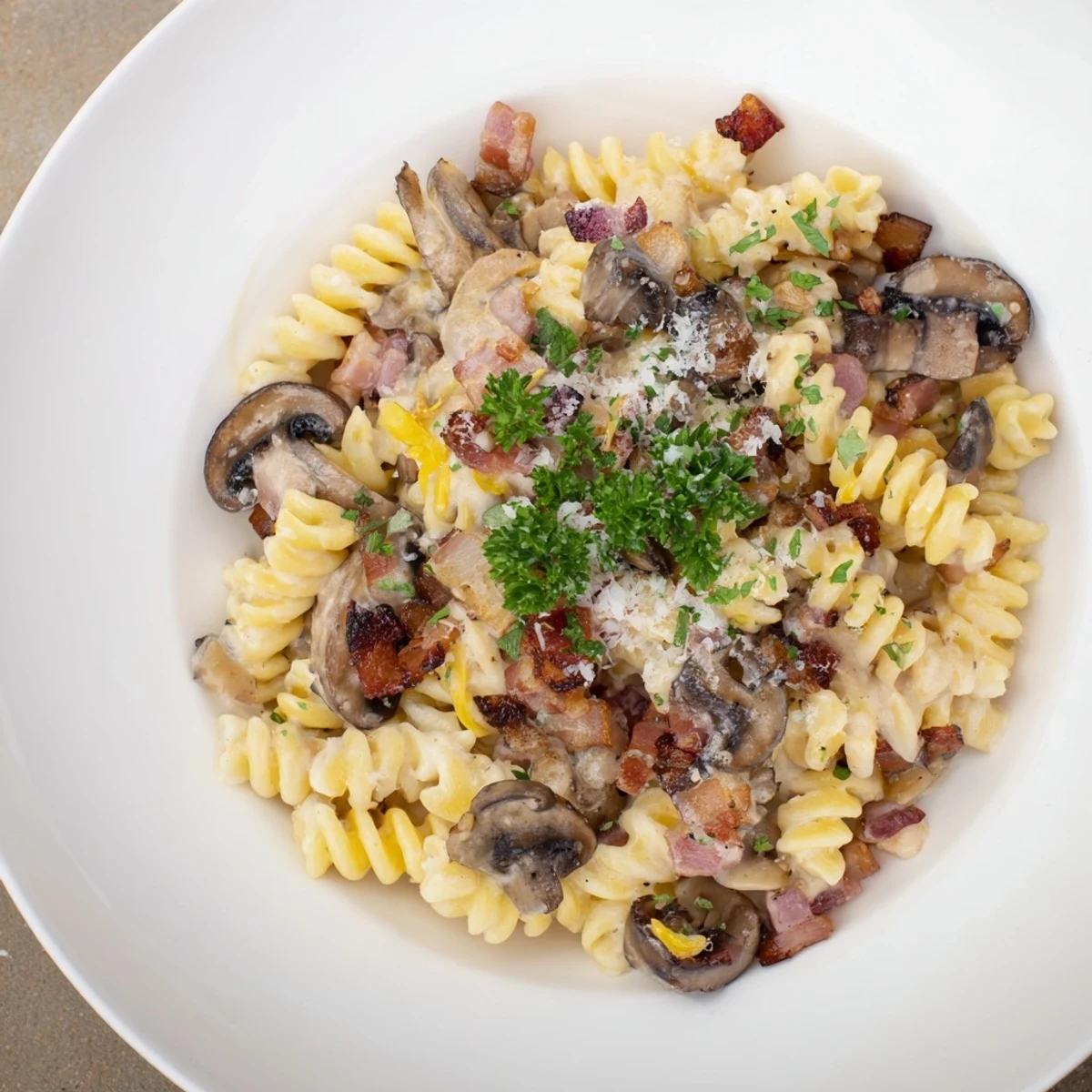 Golden, crispy bacon and mushrooms topping a bowl of fusilli with onions, a tasty meal.