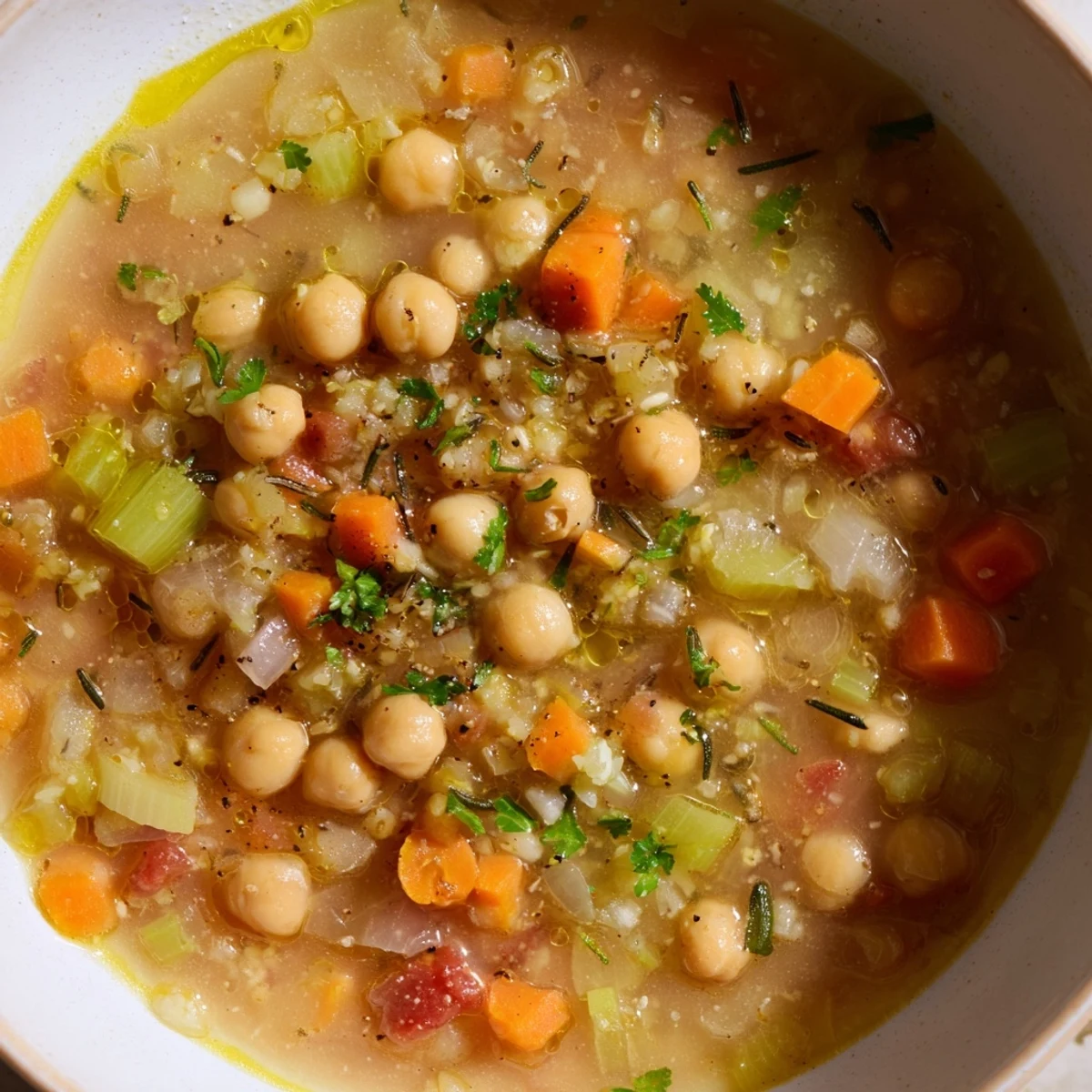 Warm, inviting image: a close-up of hearty Quick-Soak Chickpea and Rosemary Soup, perfect for a cozy dinner.