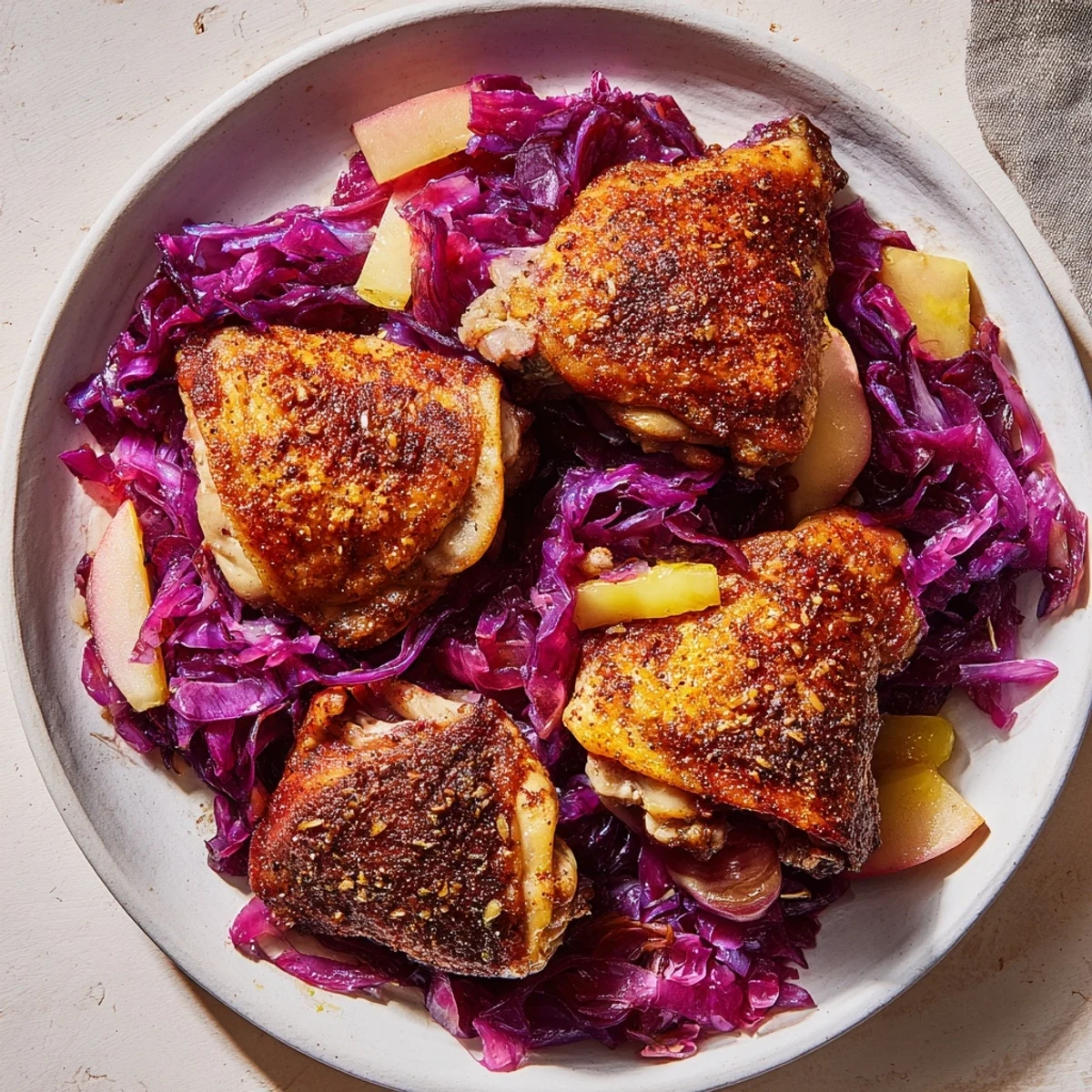 A close-up reveals the glistening skin of the Oktoberfest Chicken, surrounded by tender cabbage and apples.