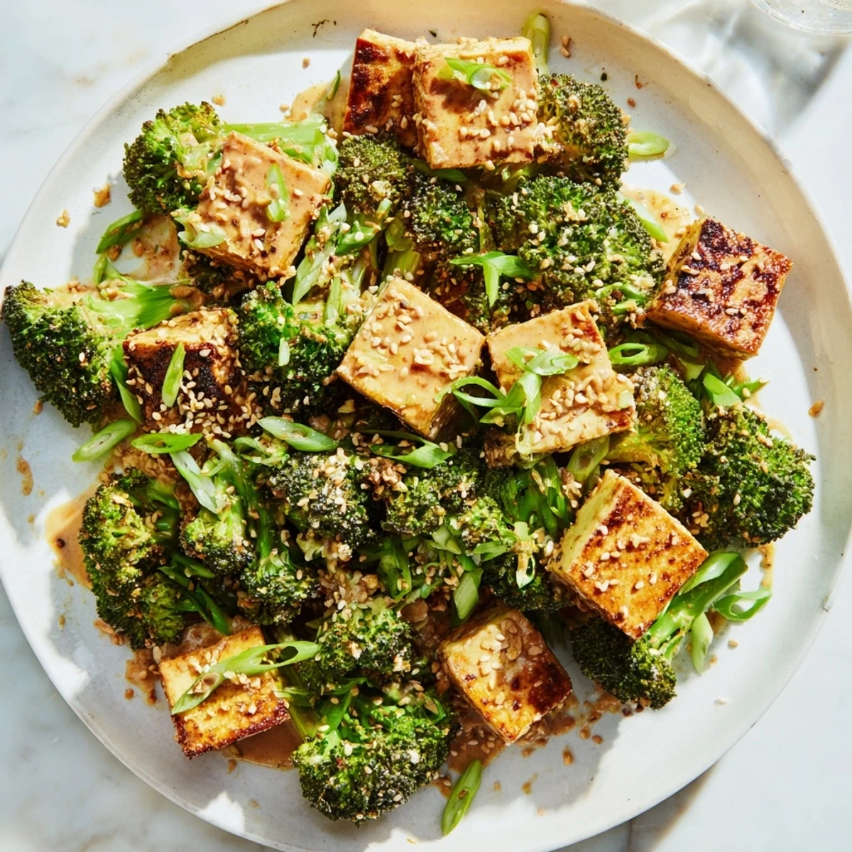 Golden brown Cheesy Baked Tofu and Broccoli, smothered in creamy sauce, ready to serve and enjoy.