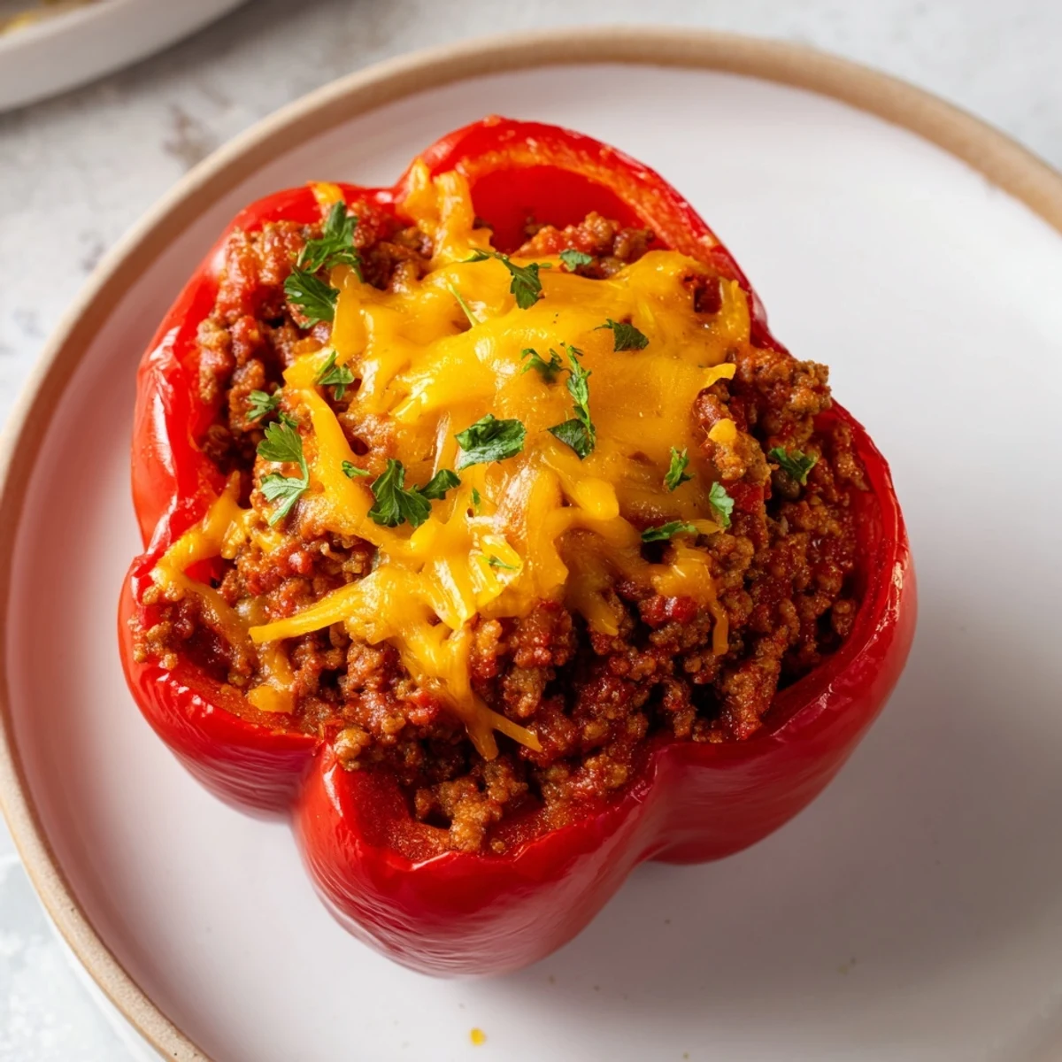 This photo features baked Sloppy Joe stuffed bell peppers, a delicious and easy American comfort food dinner.
