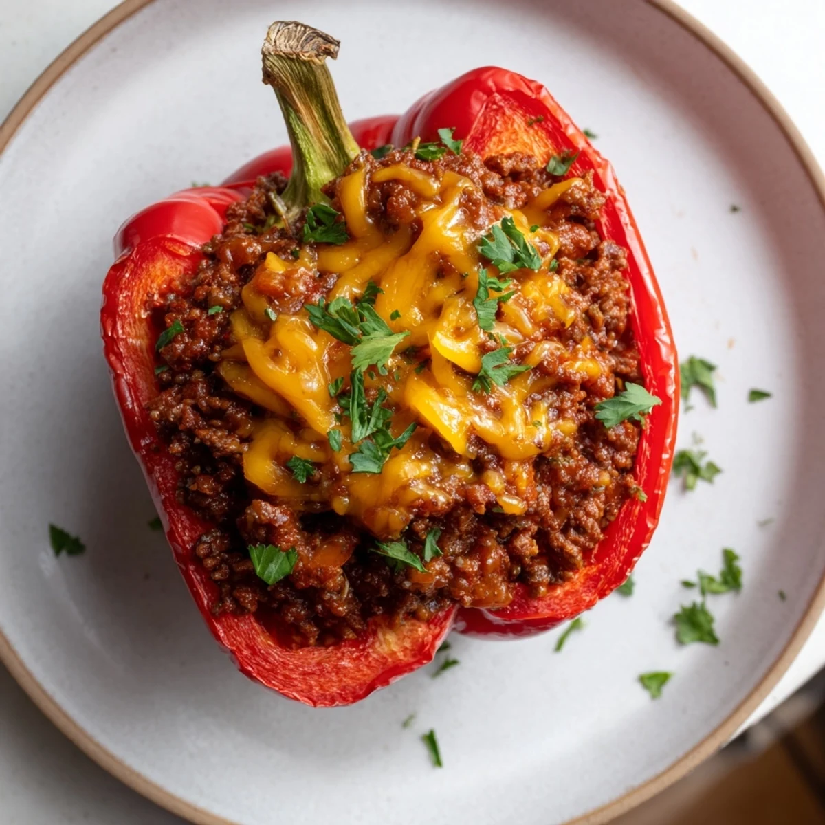 Perfectly baked Sloppy Joe stuffed bell peppers, brimming with meaty filling, ready for a satisfying bite.