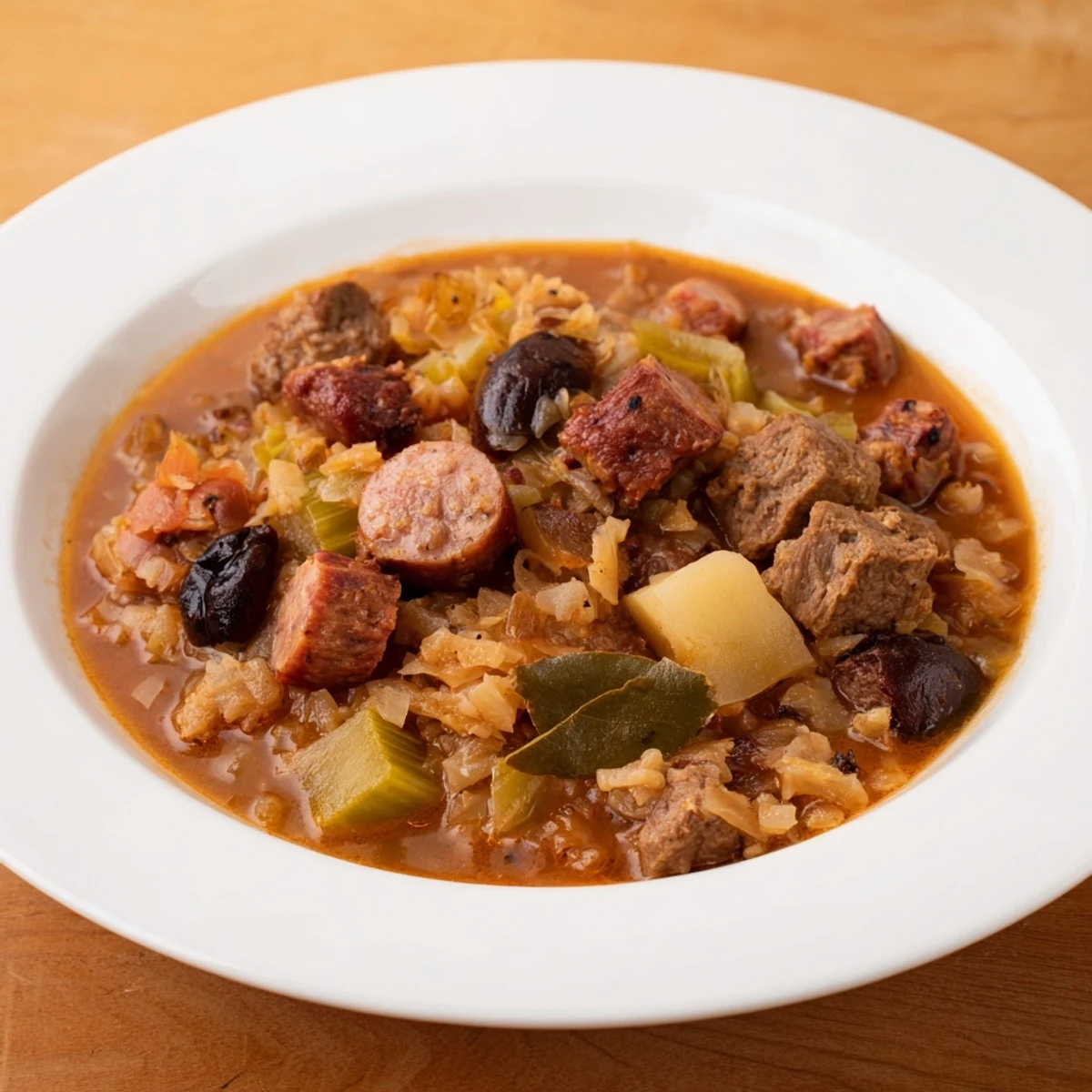 A steaming bowl of Babcias Secret Bigos: the rich, savory flavors of Polish comfort food.