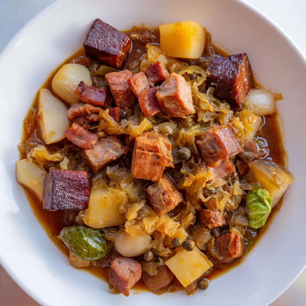 Homemade Babcias Secret Bigos, a delicious blend of meats and cabbage, is perfect for a big gathering.