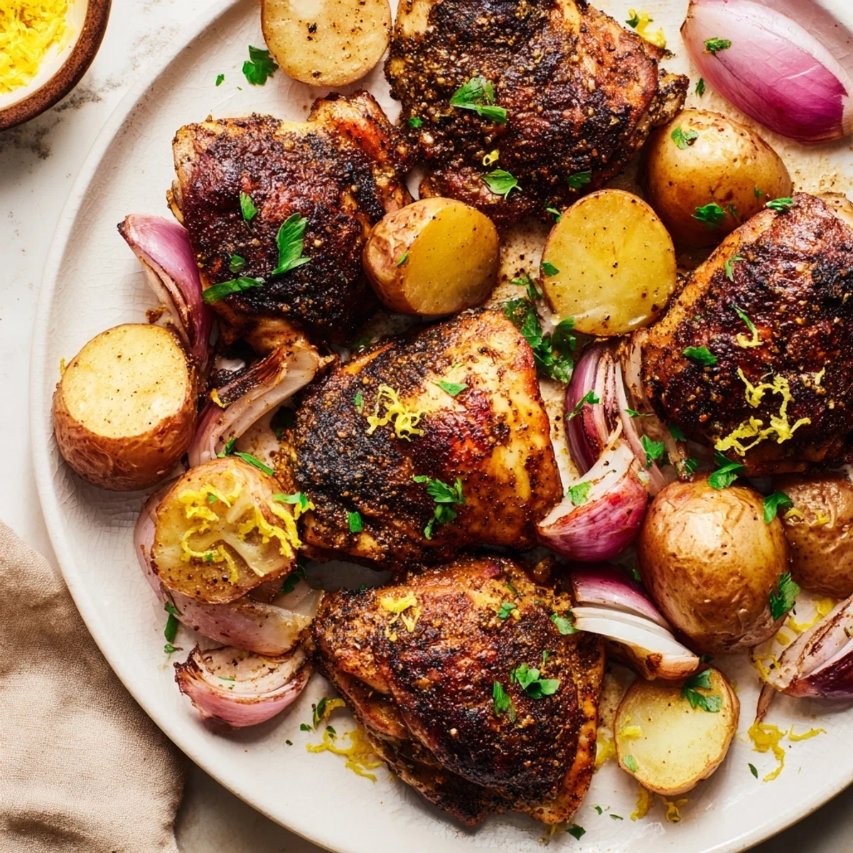 Golden-brown Pan-Roasted Zaatar Chicken and Potatoes with crispy skin and tender vegetables.