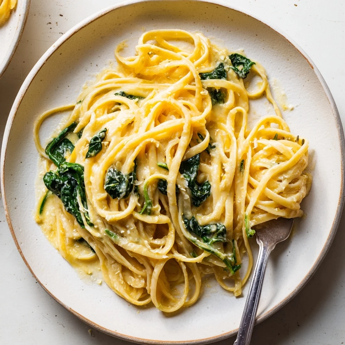 A creamy bowl of Creamy Greek Yogurt Spinach Alfredo Pasta, topped with fresh Parmesan.