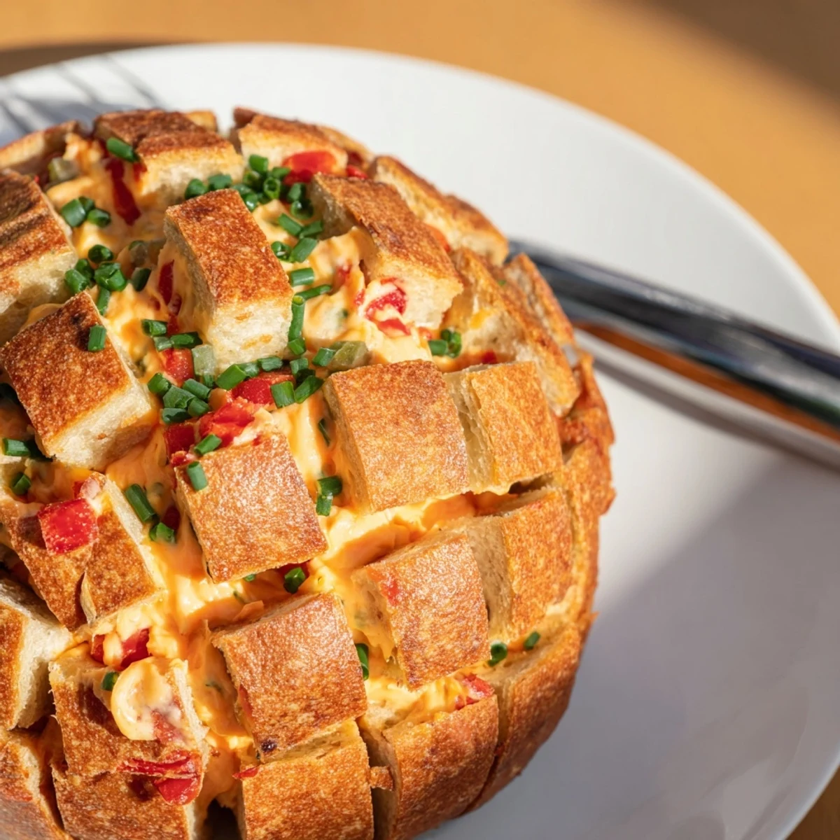 Golden, bubbly Pimento Cheese & Jalapeño Pull-Apart Grilled Cheese, perfect for sharing.