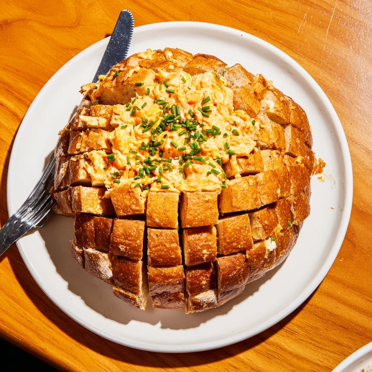 A close-up of cheesy, flavorful Pimento Cheese & Jalapeño Pull-Apart Grilled Cheese bread pull apart.