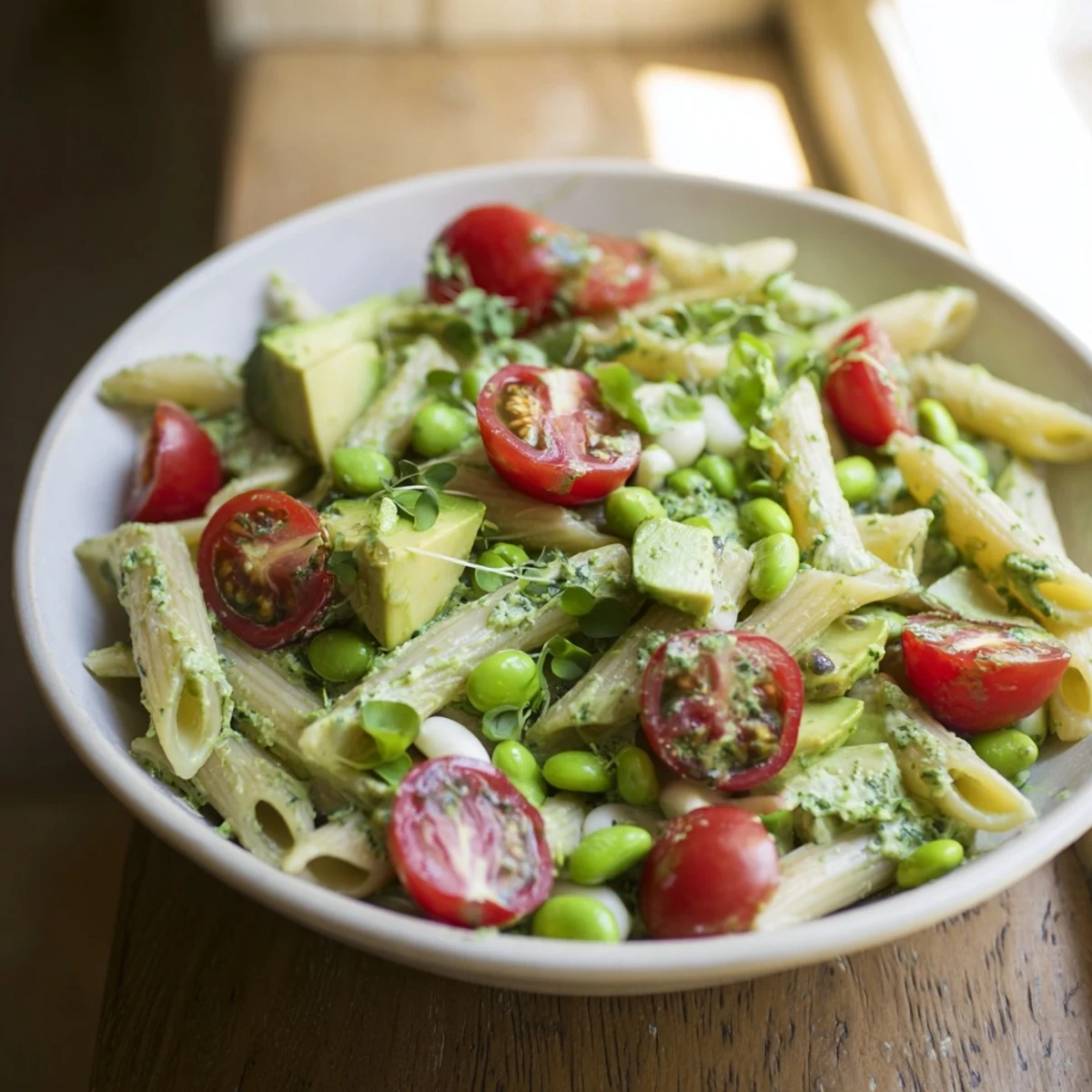 Holiday Glow Green Goddess Protein Pasta Salad, a colorful bowl of pasta with creamy, vibrant green dressing.