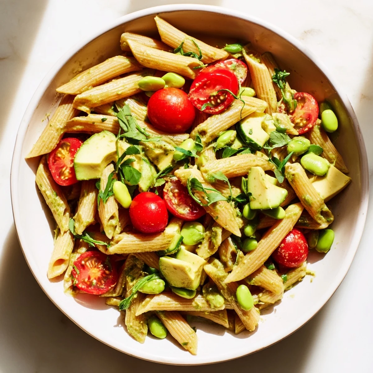 This delicious Holiday Glow Green Goddess Protein Pasta Salad features chilled pasta with fresh herbs and vegetables.