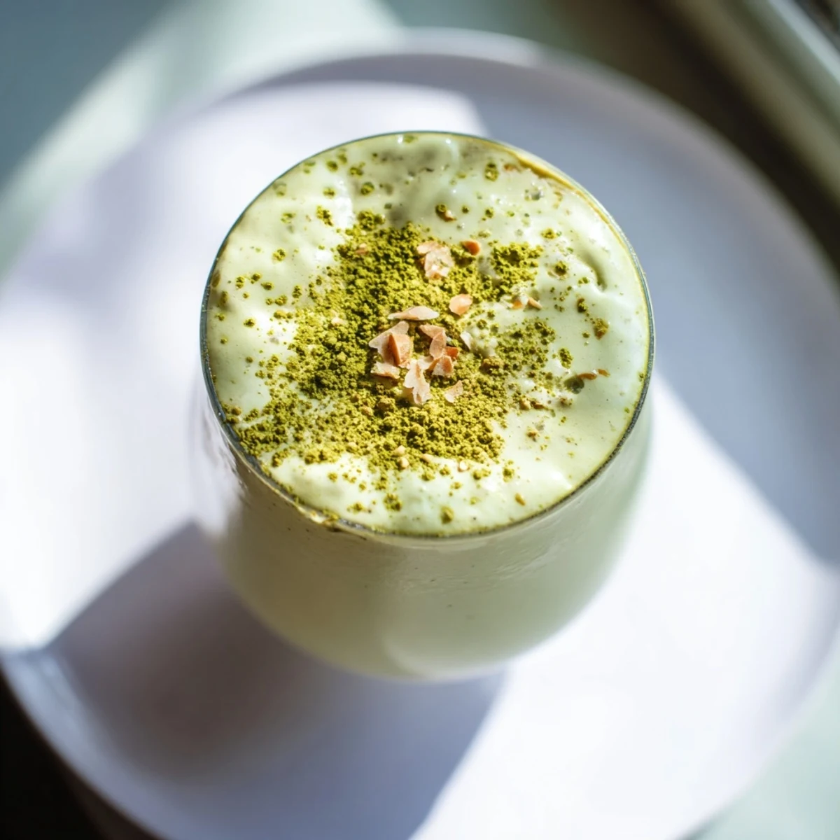 This Matcha Snickerdoodle Protein Shake shows a thick, green smoothie swirled with almond butter, ready to fuel your day!