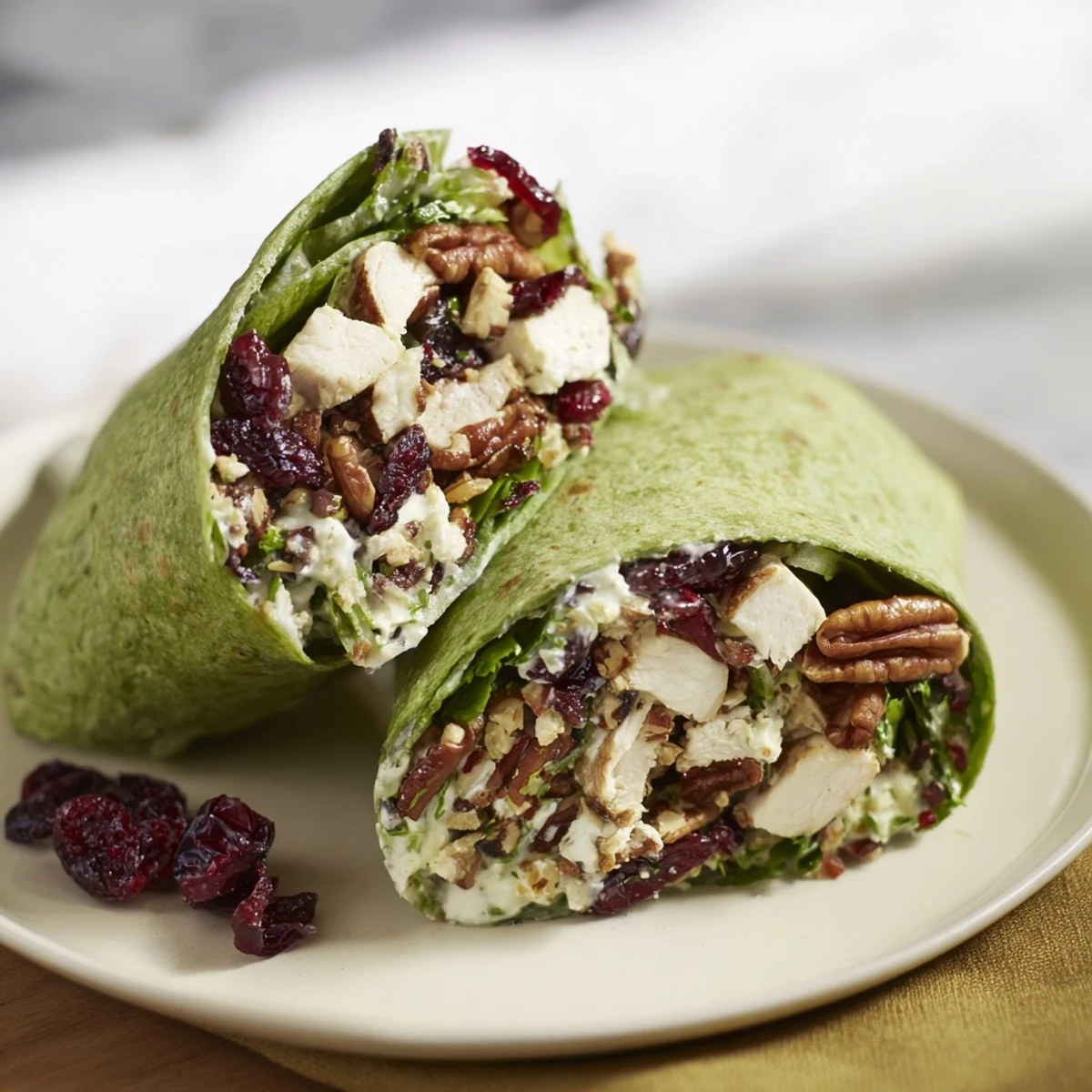 Vibrant Cranberry Pecan Chicken Salad Christmas Wrap, overflowing with juicy chicken and sweet cranberries.