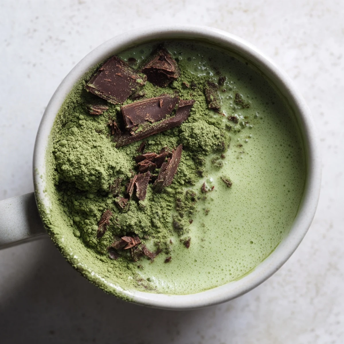 Steaming Matcha Peppermint Brownie Batter Mug Cake, a quick, single-serve dessert, ready in a warm mug.