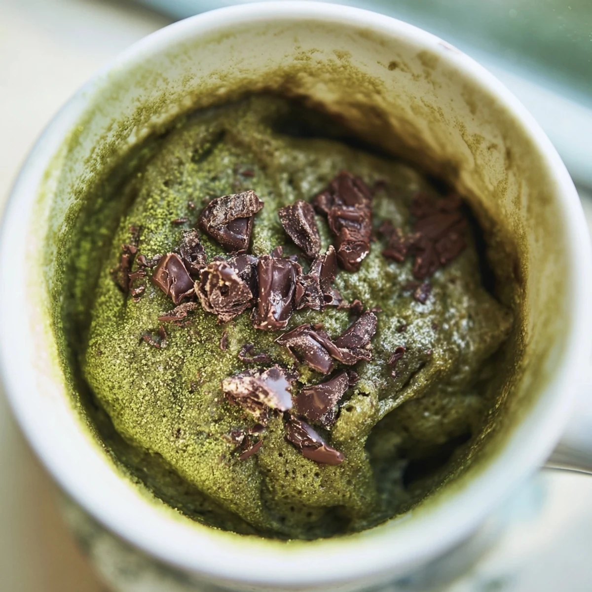 Fudgy and green-tinged Matcha Peppermint Brownie Batter Mug Cake, drizzled and ready to eat fresh from the microwave.