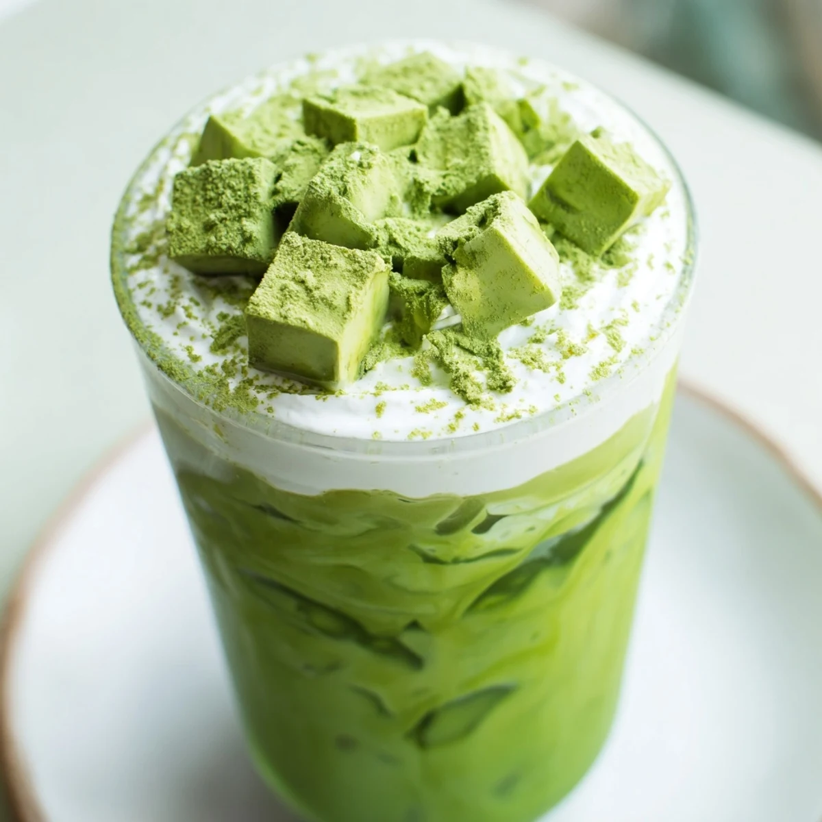 Cooling sugar-free white chocolate candy cane iced matcha: a holiday beverage with vibrant green matcha and mint.