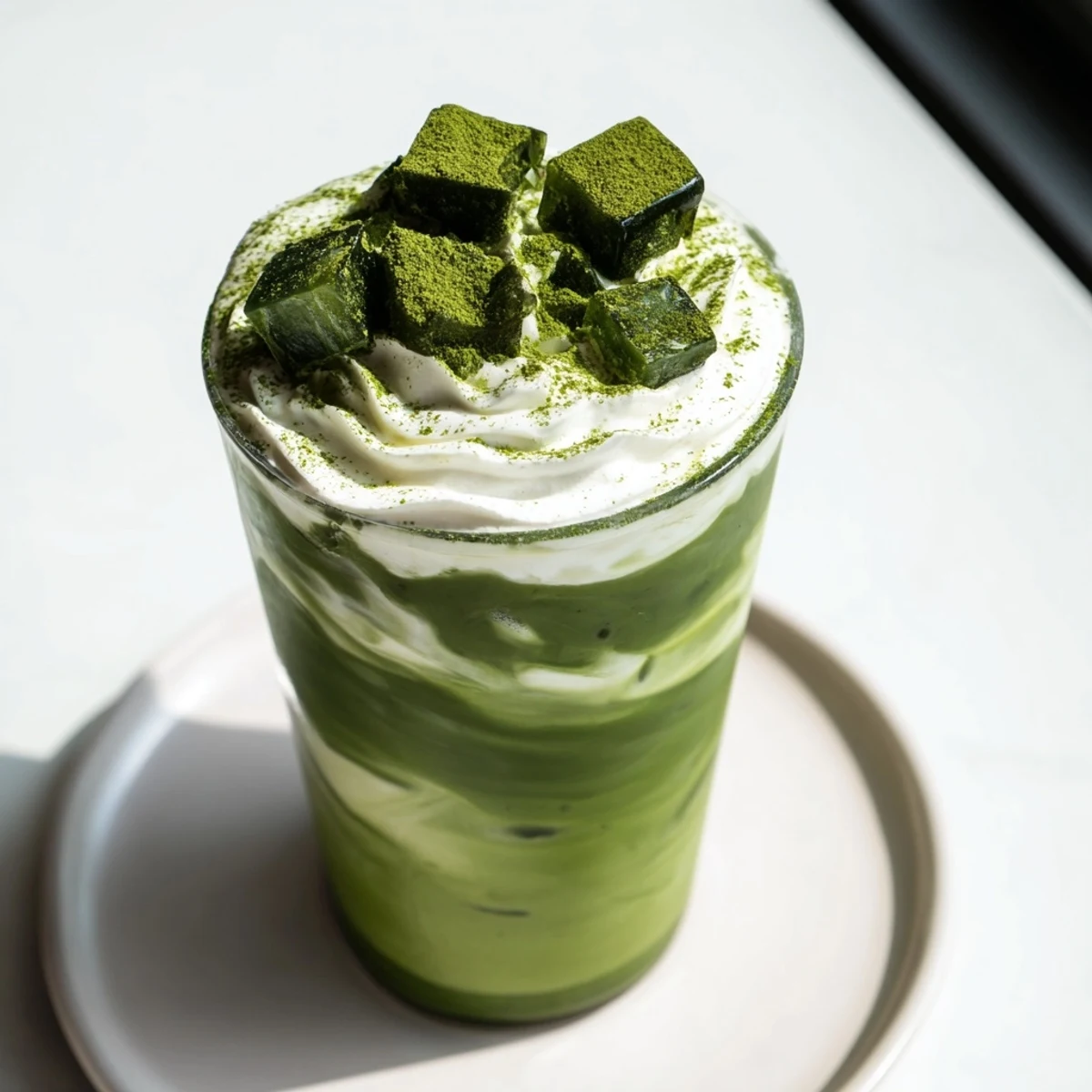 A refreshing close-up of the sugar-free white chocolate candy cane iced matcha with whipped cream and crushed candy canes.