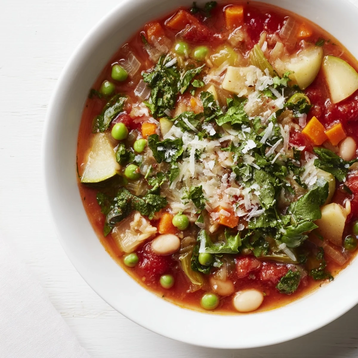 A festive, close-up view of the hearty Veggie-Packed Minestrone Christmas Pasta Pot, garnished with fresh parsley.