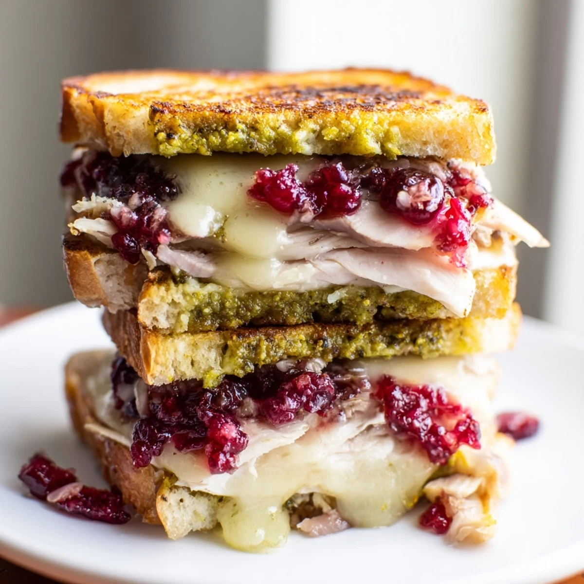 Close-up of a warm, perfectly toasted Pesto Cranberry Turkey Grilled Cheese Melt, sliced in half.
