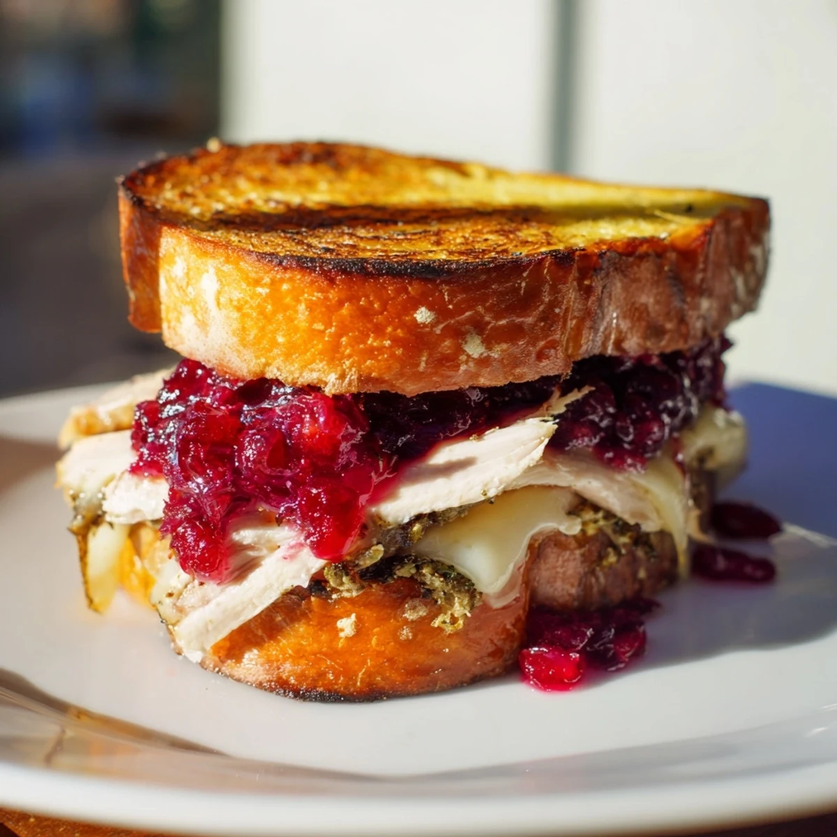 Golden, bubbly Pesto Cranberry Turkey Grilled Cheese Melt, oozing cheese and ready to savor.