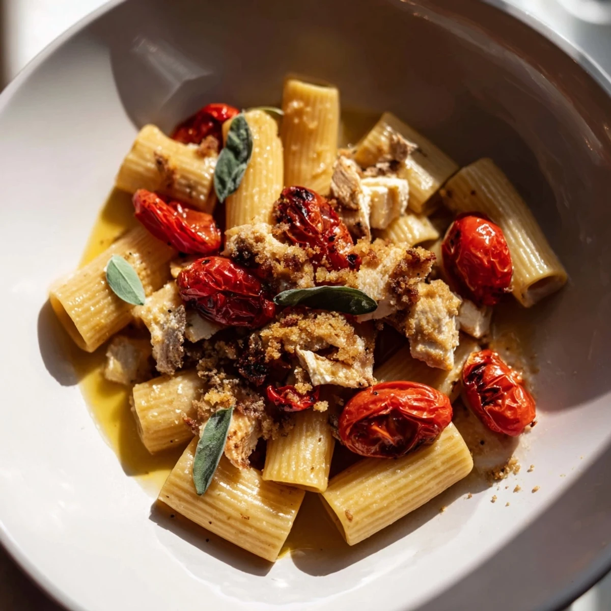 Golden baked goat cheese snowflake on top of this creamy Tomato Basil Pasta.