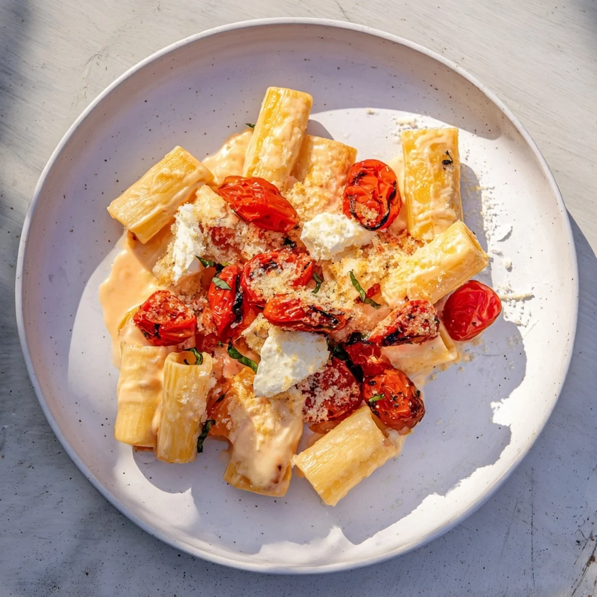 Vibrant red tomatoes and fresh basil highlight the Baked Goat Cheese Snowflake Tomato Basil Pasta.