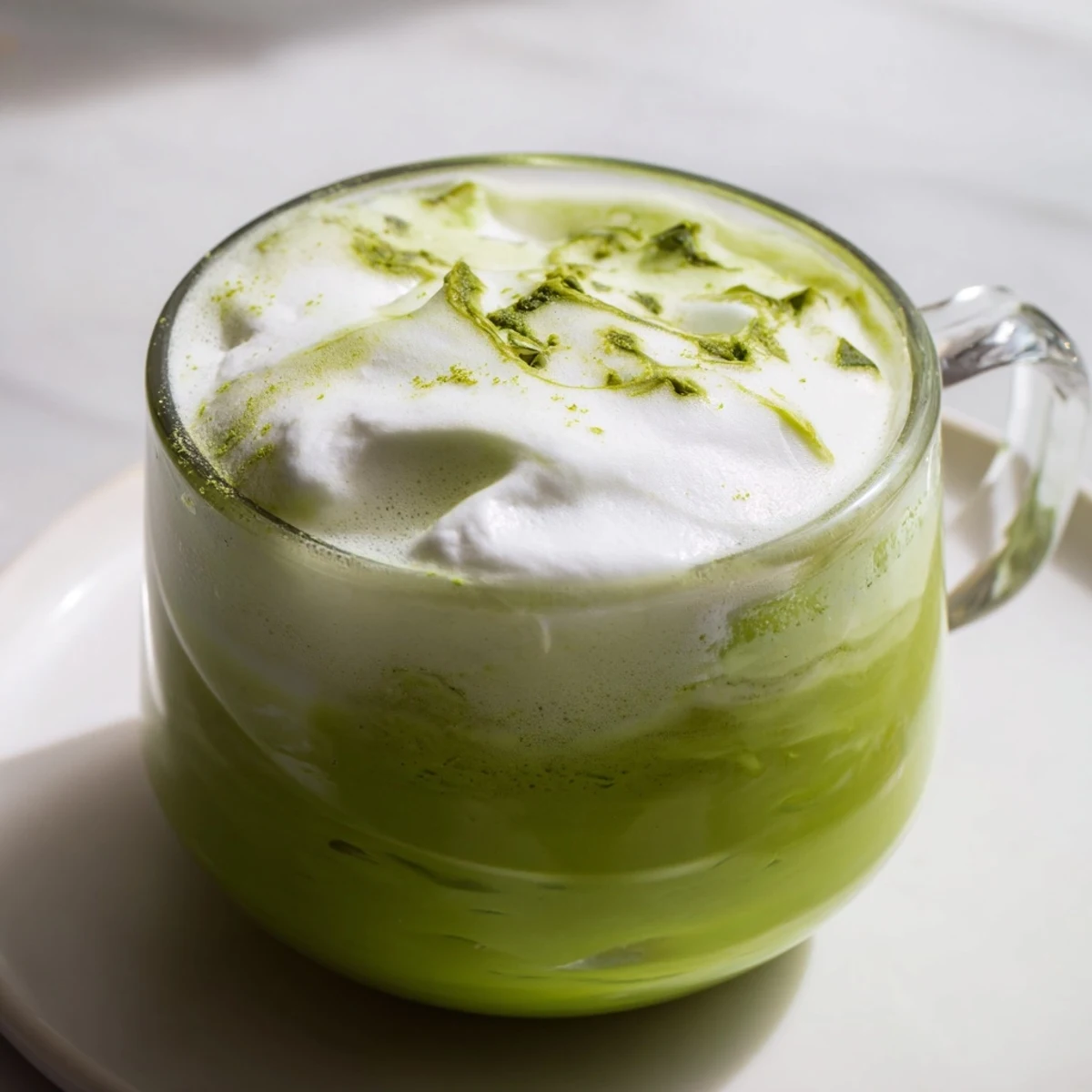 A freshly made Cozy Peppermint Matcha Christmas Latte topped with whipped cream and crushed peppermint.