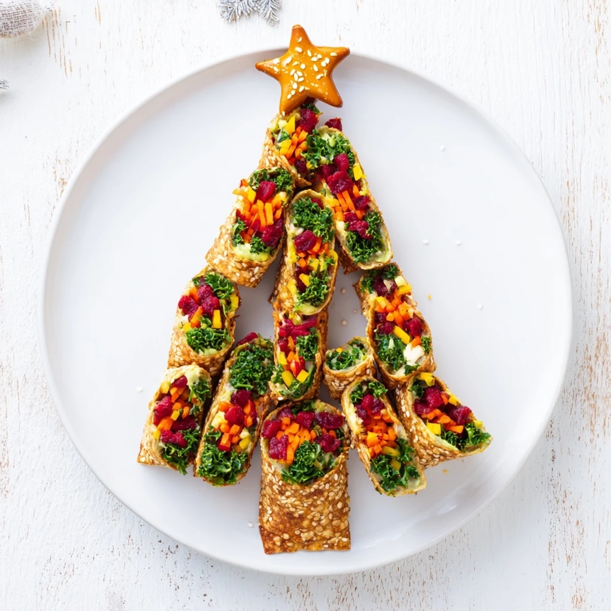 Golden, air-fried Air Fryer Christmas Tree Veggie Tortilla Wraps boast a tasty, creamy filling.