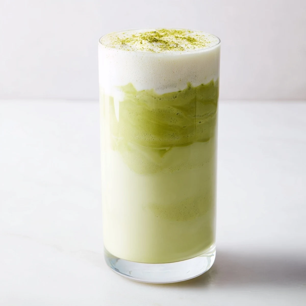 Frothy Matcha Eggnog Collagen Breakfast Smoothie beautifully blended and garnished with nutmeg for flavor.