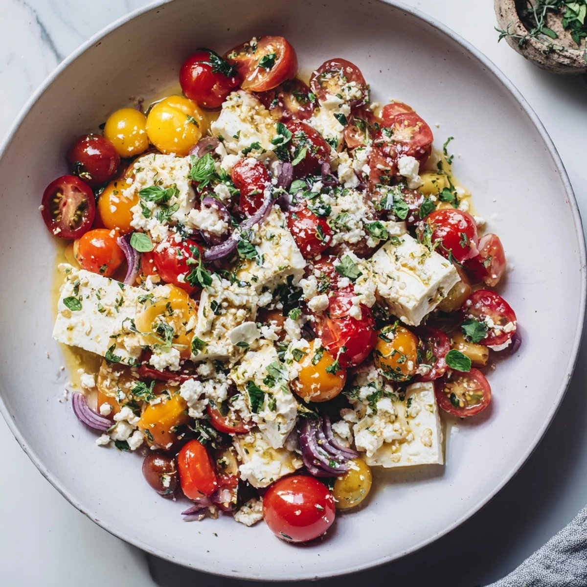 Baked Feta Snowfall Cherry Tomato Christmas Pasta, bubbling with roasted tomatoes and creamy feta cheese, ready to serve.