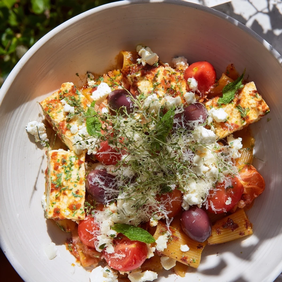 Warm, rich Baked Feta Snowfall Cherry Tomato Christmas Pasta, perfect for a cozy holiday feast, presented beautifully.