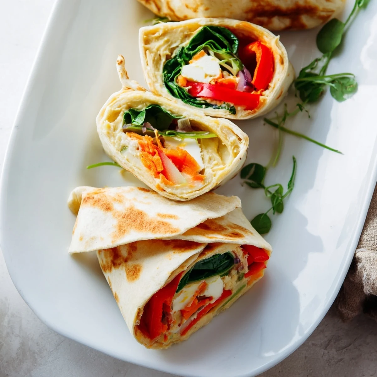 Golden-brown snowflake hummus wraps bursting with roasted vegetables and a creamy hummus spread.