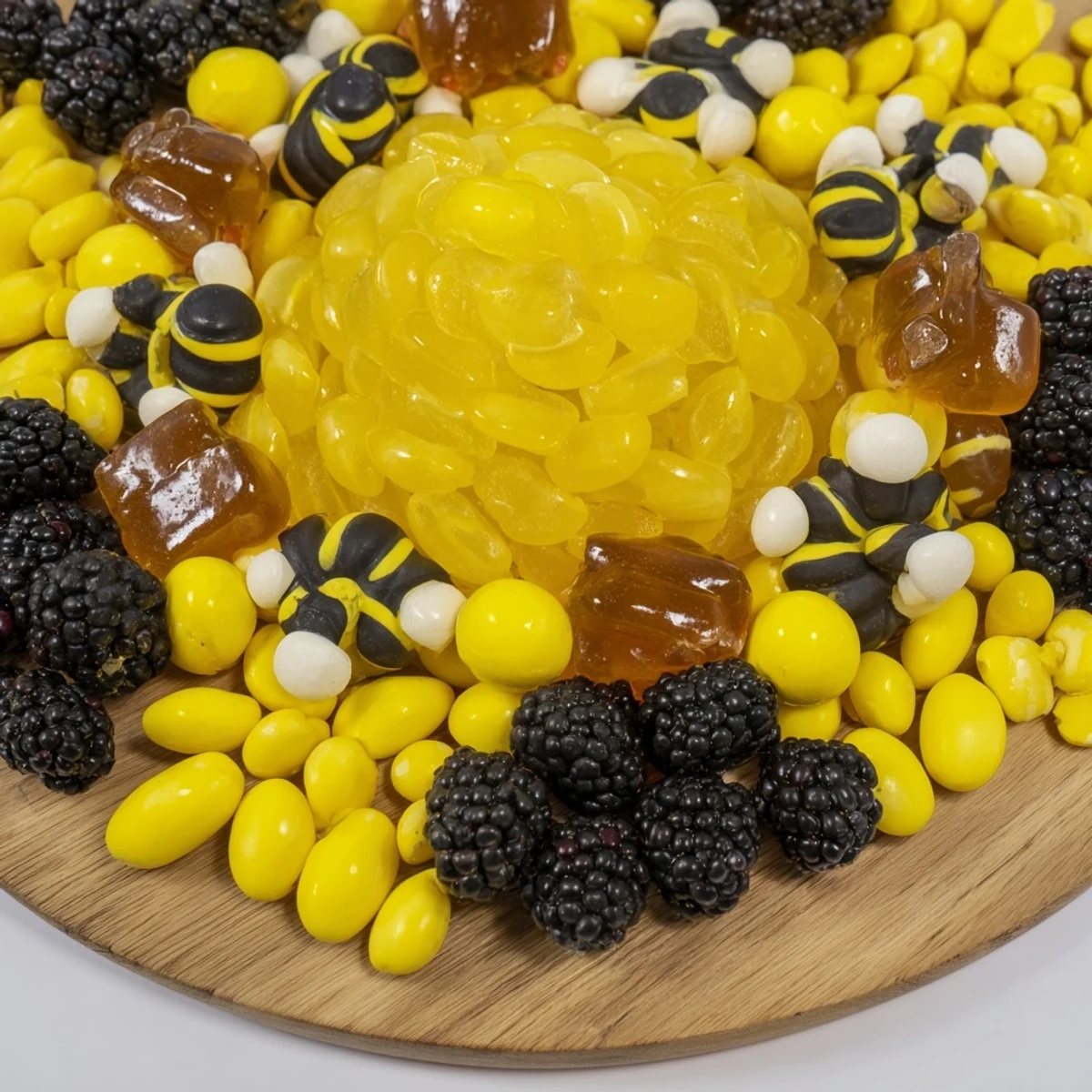 A vibrant Bumblebee Candy Board overflowing with colorful sweets and fresh berries for a party.
