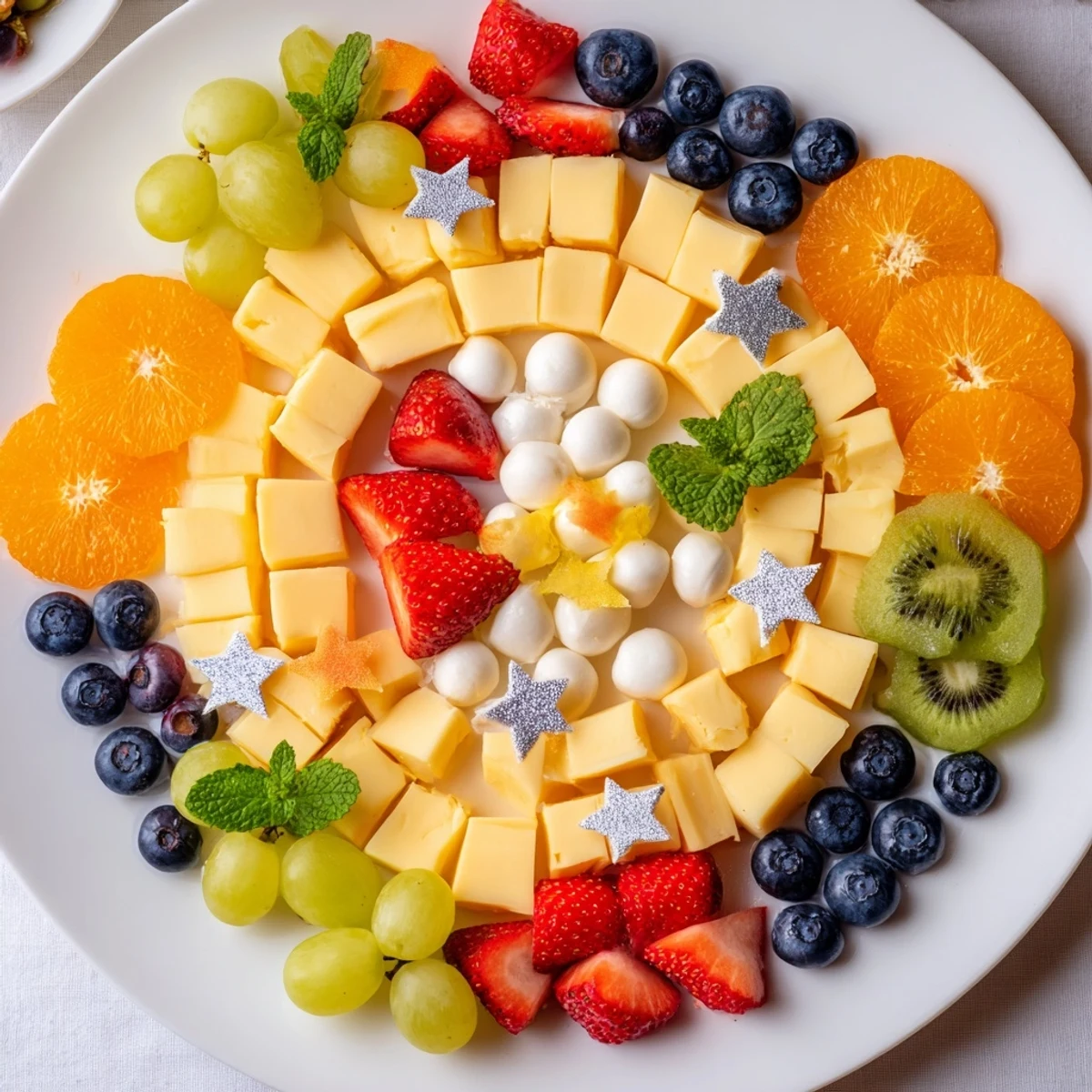 Vibrant Comet & Planet Grazing Tray with colorful fruits, cheeses, and star-shaped sprinkles presented on a large platter.
