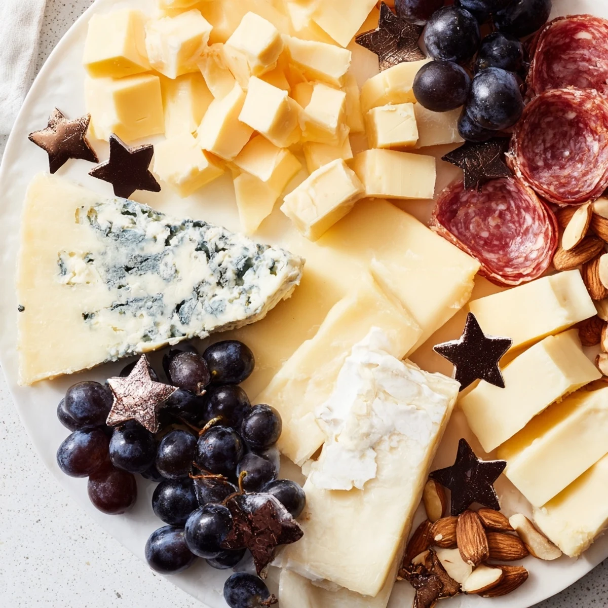 A beautifully arranged Celestial Night Board appetizer with artisan cheeses, fruits, and charcuterie awaiting you.