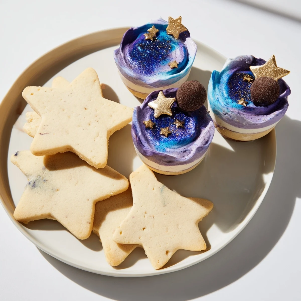 A beautifully arranged Stargazers Dessert Platter features shimmering comet truffles and colorful miniature desserts for a party.