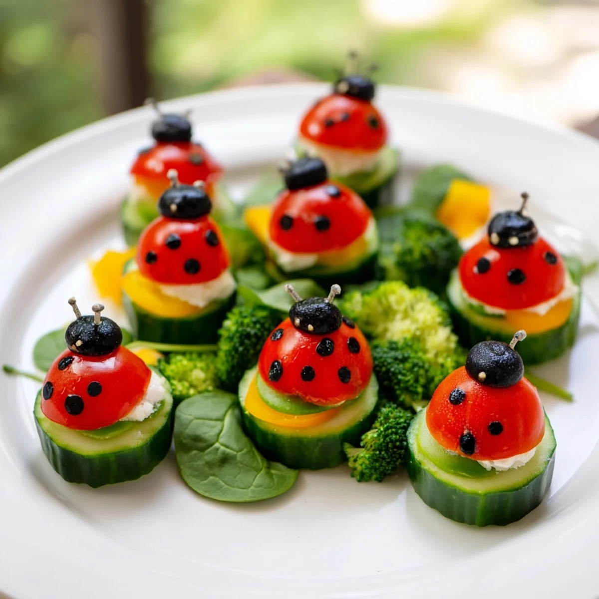 Bright red cherry tomatoes and black olive ladybugs on a Ladybug Garden Platter, ready to be enjoyed.