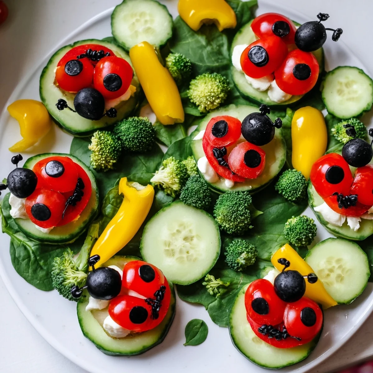 Festive Ladybug Garden Platter appetizer featuring colorful veggie ladybugs on a green garden bed.