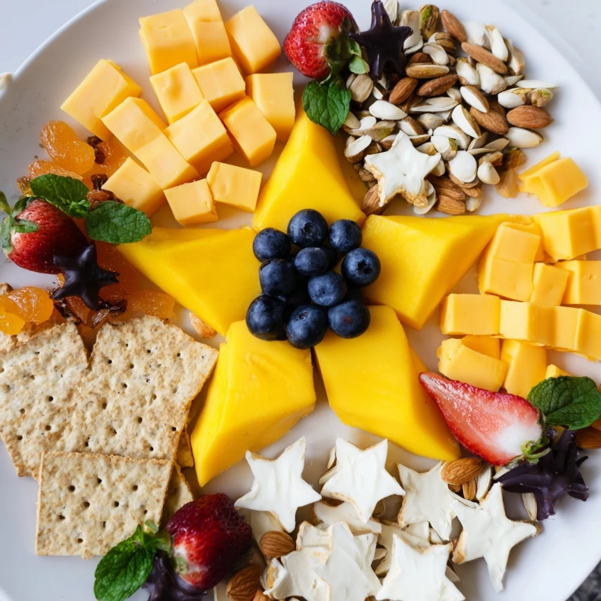 Shooting Star Snack Board arranged with colorful fruits, cheeses, and crackers for a festive appetizer.