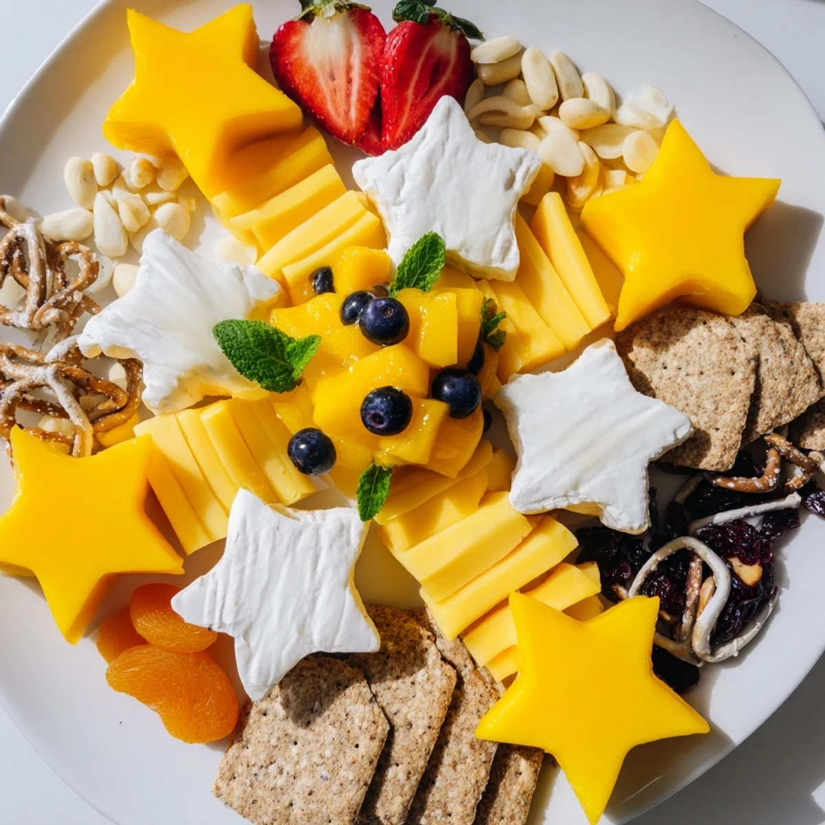 Delicious Shooting Star Snack Board features vibrant mango stars, creamy brie, and crunchy crackers ready to enjoy.