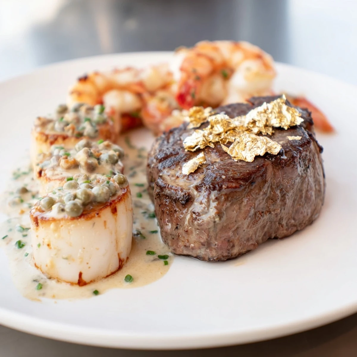 Golden Heart Luxury Platter displays tender filet mignon, seared scallops, shrimp, and smoky salmon arranged beautifully.