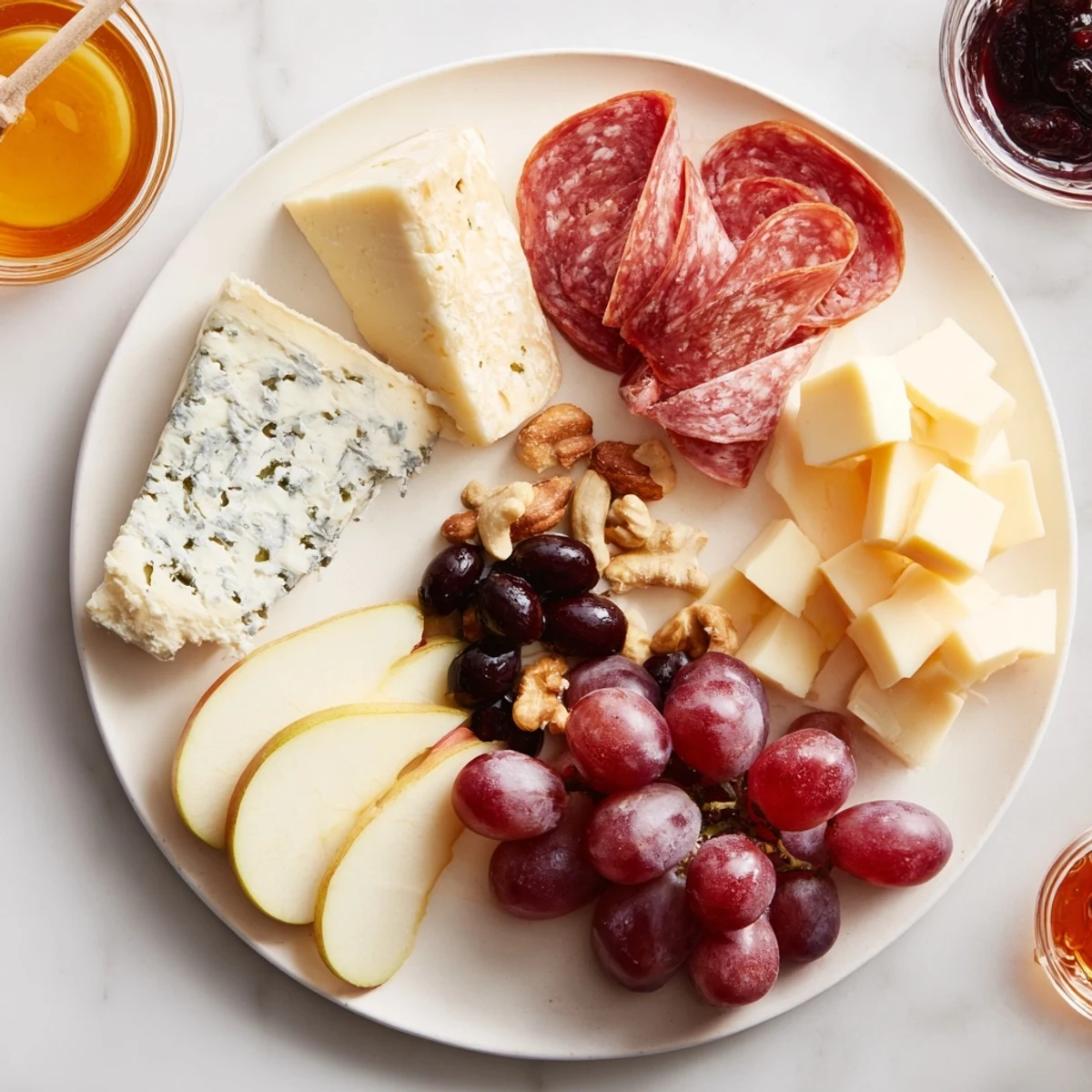 A beautiful Moonlight Picnic Board overflowing with Brie, grapes, and salami, ready to enjoy.