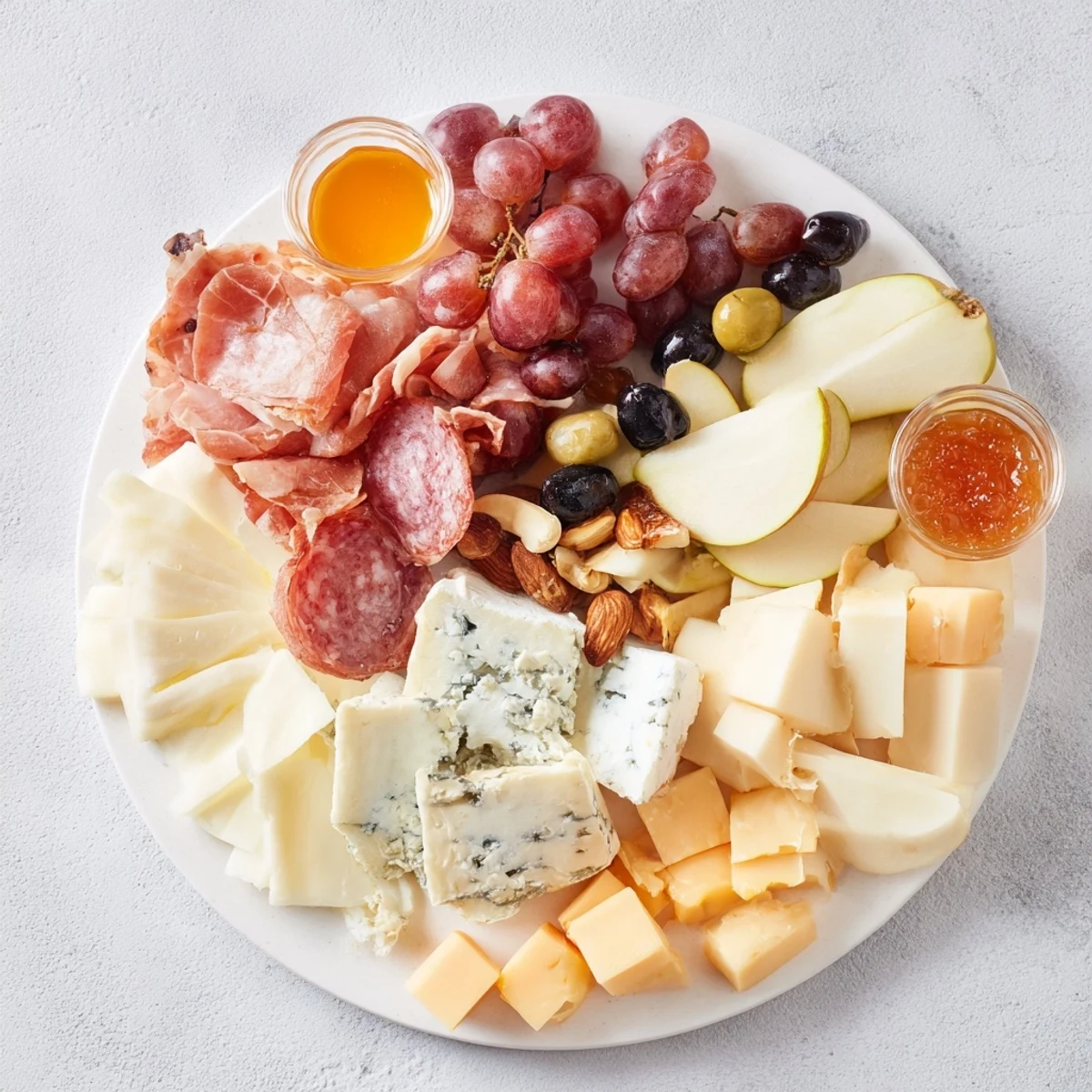 This Moonlight Picnic Board displays an elegant array: cheeses, fruits, and charcuterie for a lovely occasion.